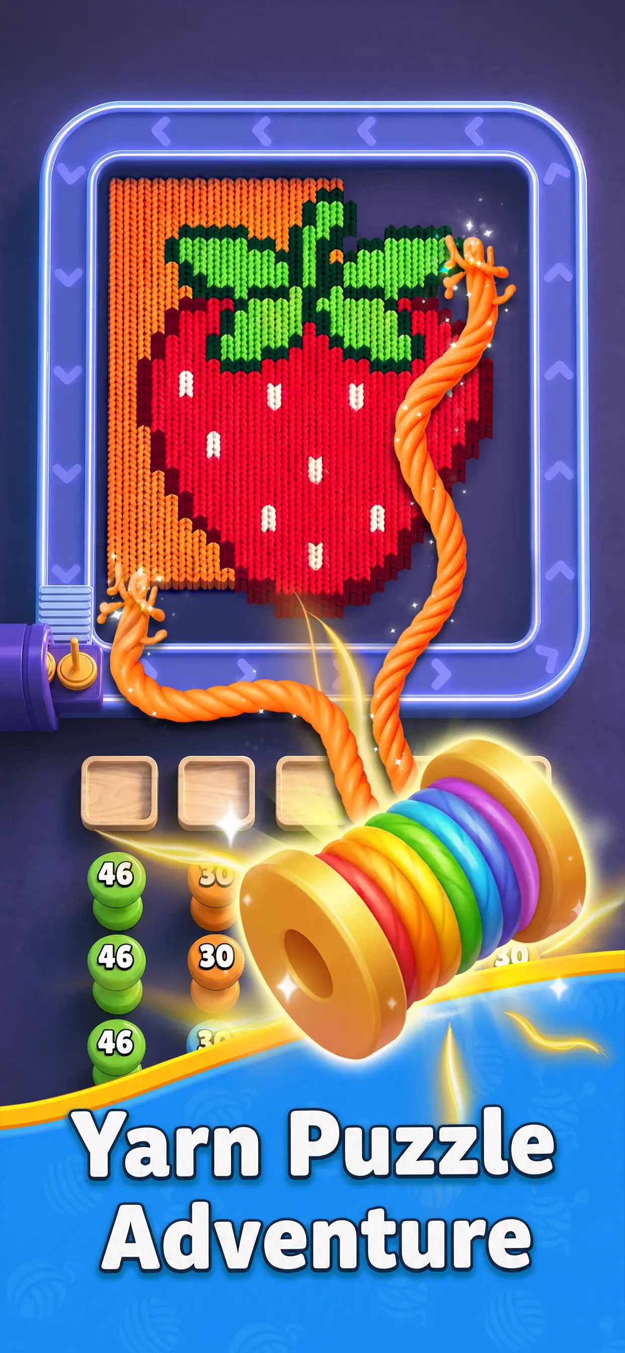 Thread Pop level showing a strawberry being stitched from rainbow yarn